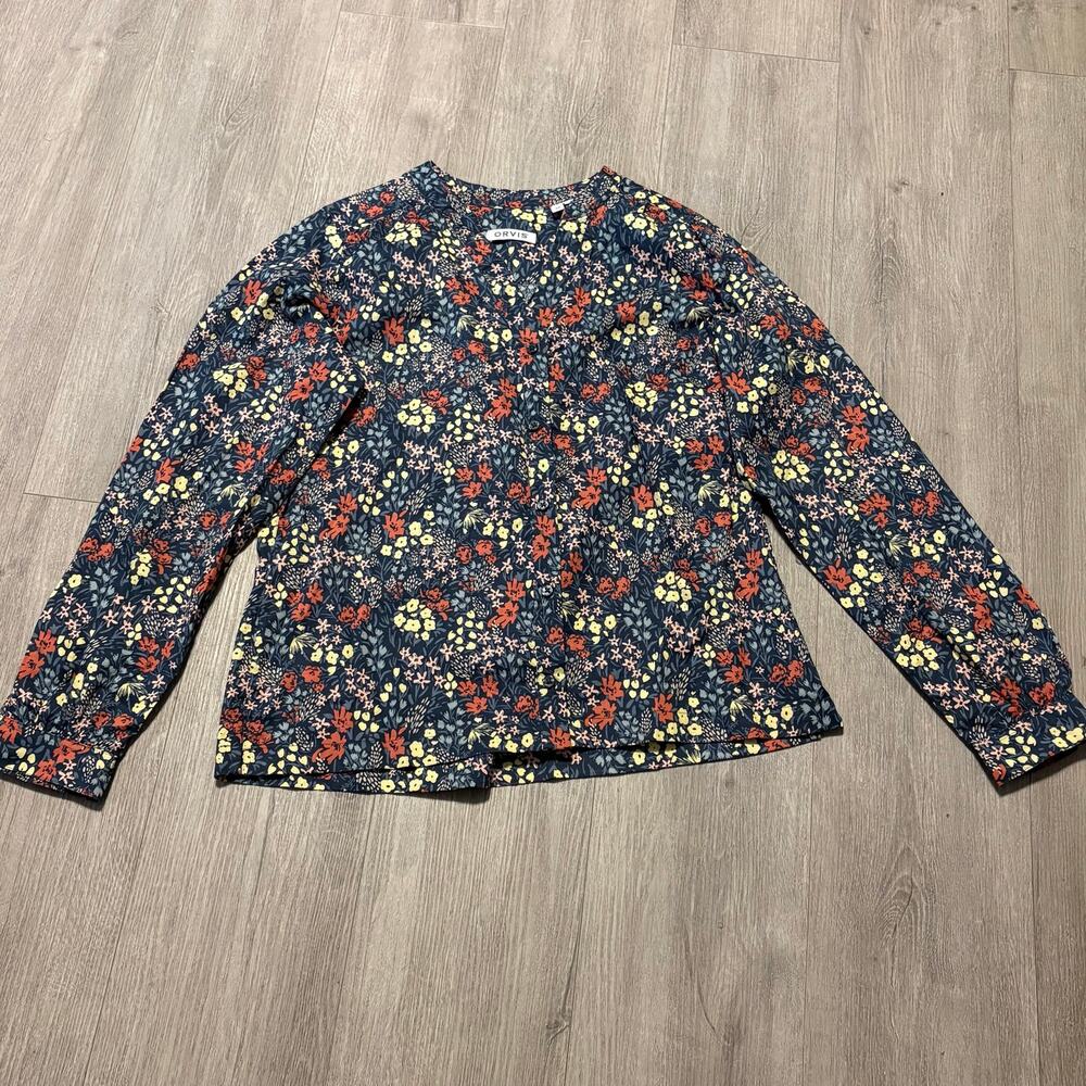 Orvis Button-Up Blouse Floral Print Navy Flat Collar Medium V-Neck